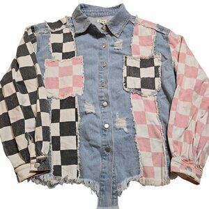 Pol Denim Distressed Checker Patch Jacket Size M Good Used Condition